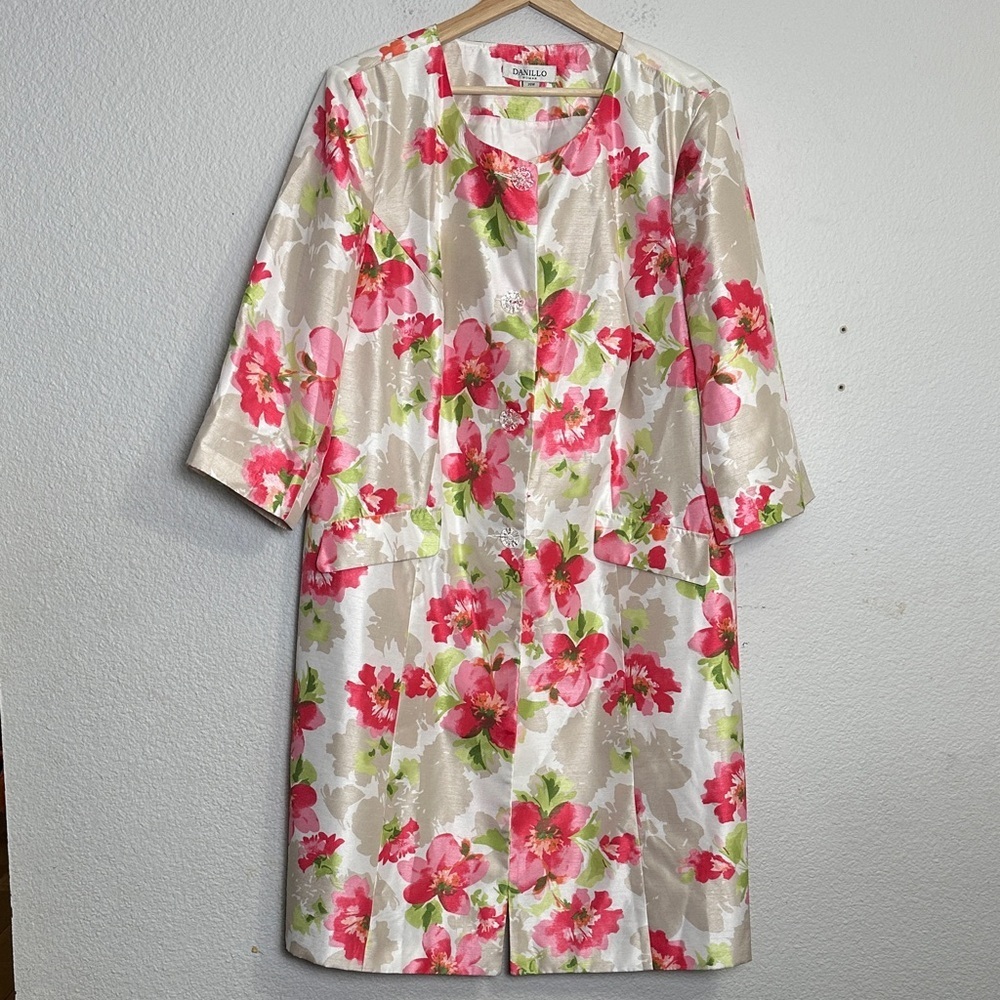 Danillo Women’s Size 20W Floral Midi‎ Blazer Jacket Pink White Dressy Occasion